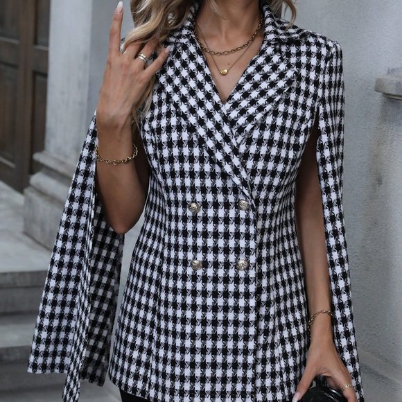 White & Black Preppy Houndstooth Print Cloak Sleeve Double Breasted Cape Blazer - Picture 5 of 5